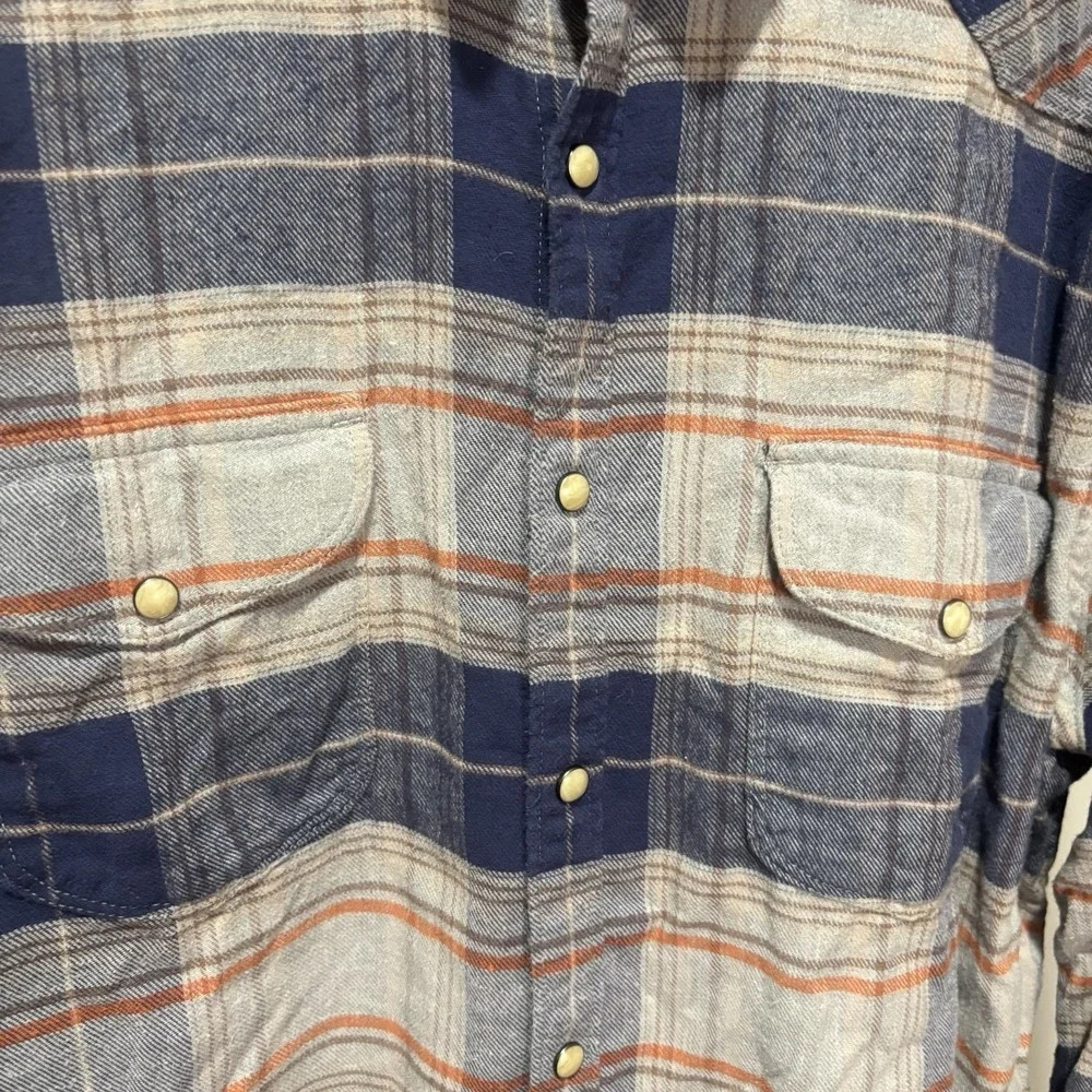 Lucky Brand Pearl Snap Blue White Plaid Flannel Sz L Western Saturday Stretch